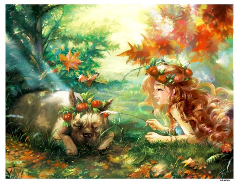 Girl with dog in autumn forest