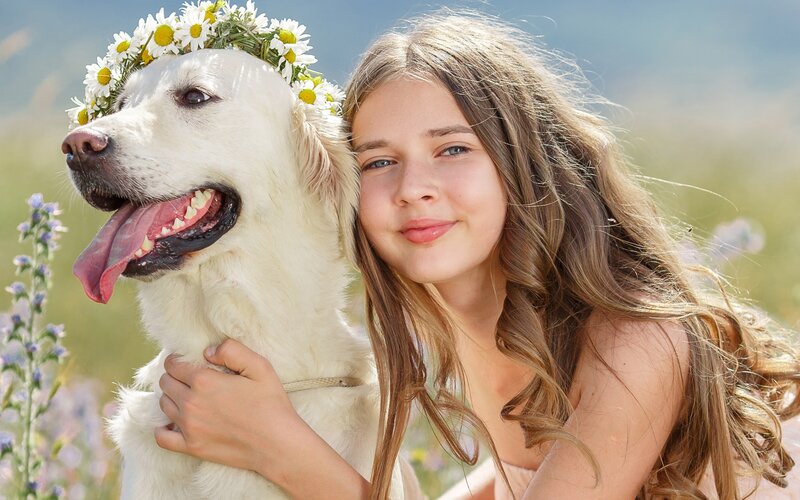 Girl with Dog in Field — White