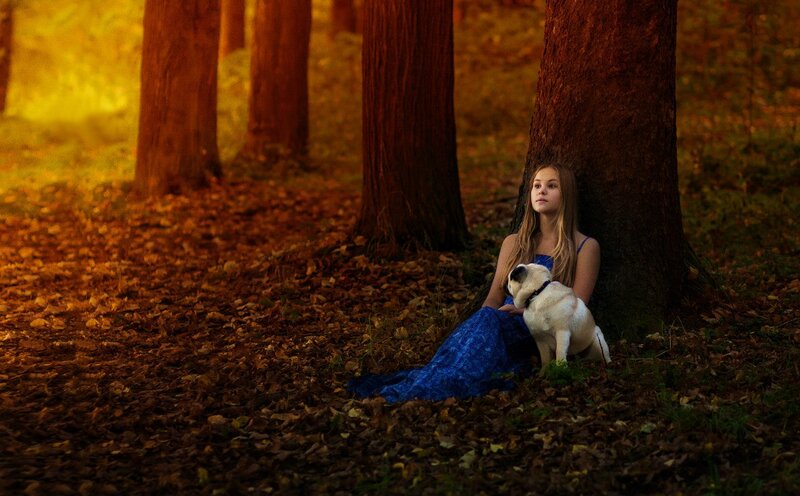 Girl with Dog in Forest — Blue