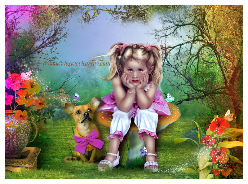 Girl with Dog in Forest — Green, Whimsical