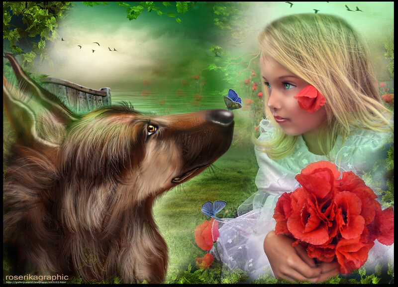 girl with dog in garden