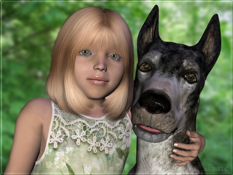 girl with dog in garden