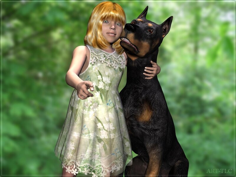 girl with dog in garden