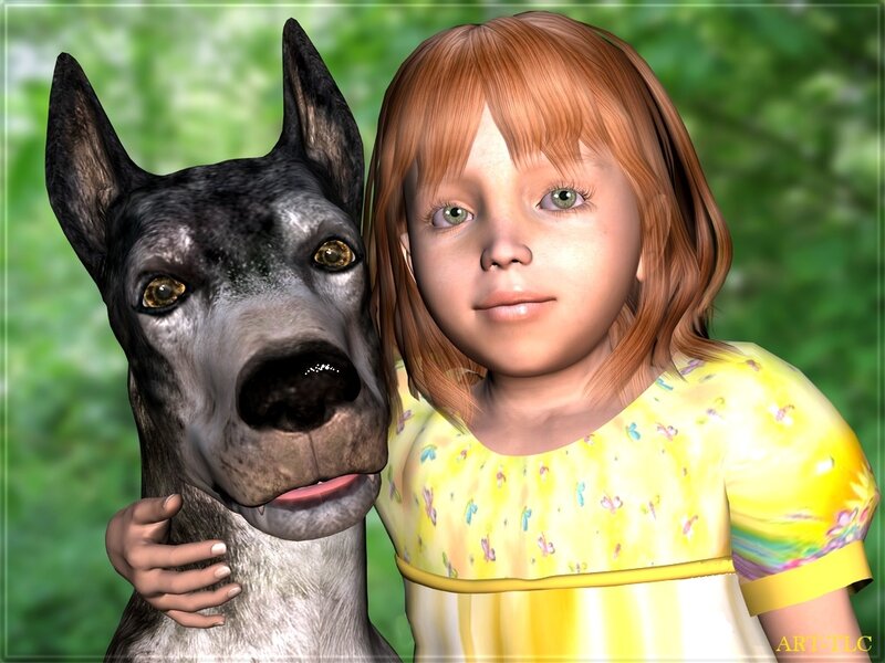 girl with dog in garden