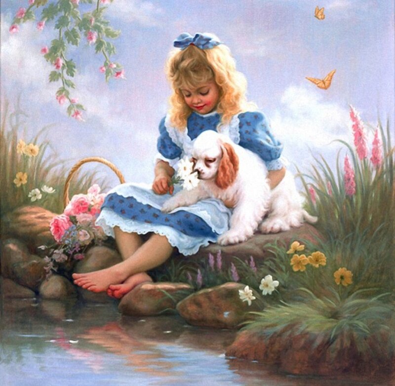 Girl with Dog in Garden — Blue