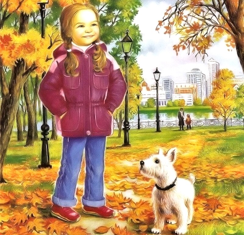 Girl with Dog in Park — Yellow