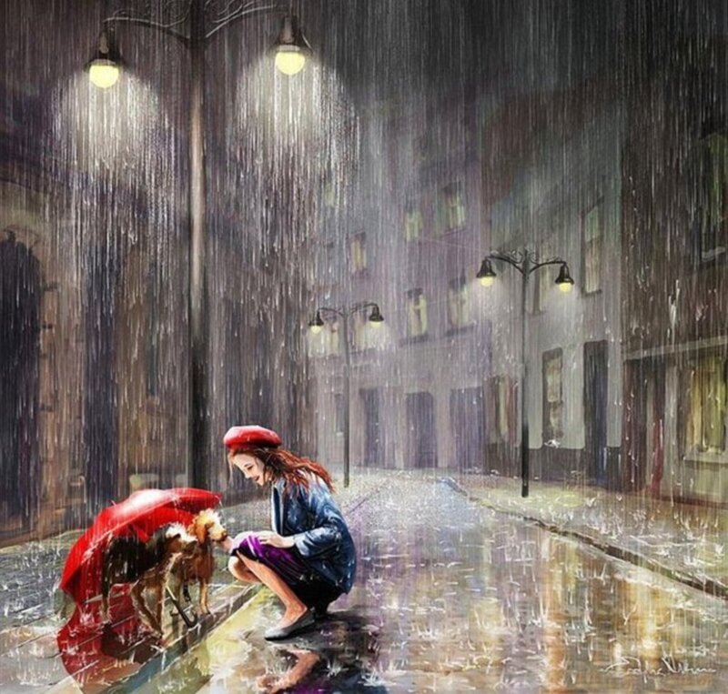Girl with Dog in Rain — Red