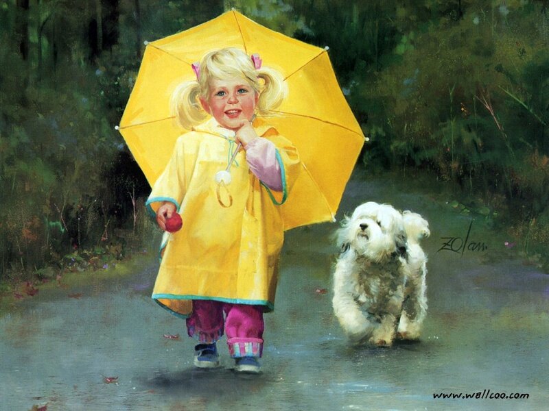 Girl with Dog in Rain — Yellow