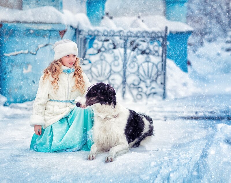 Girl with Dog in Snow — White