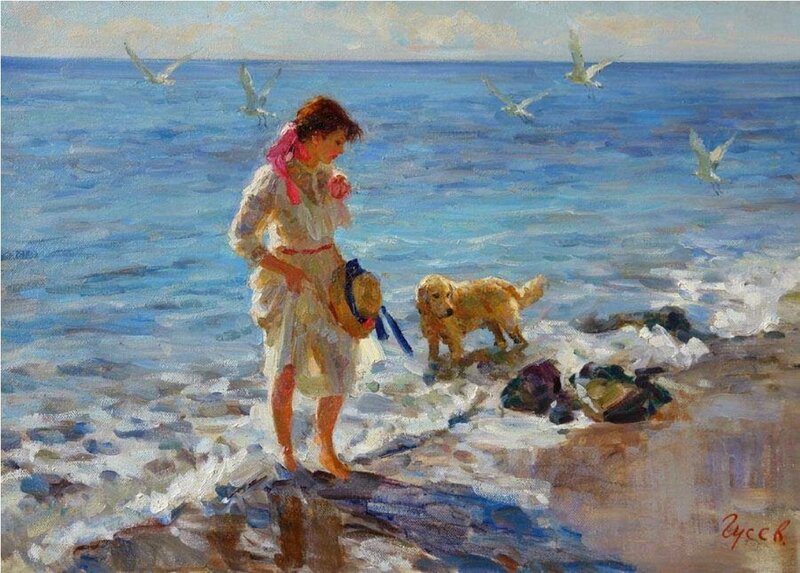 Girl with Dog on Beach — Blue, Serene