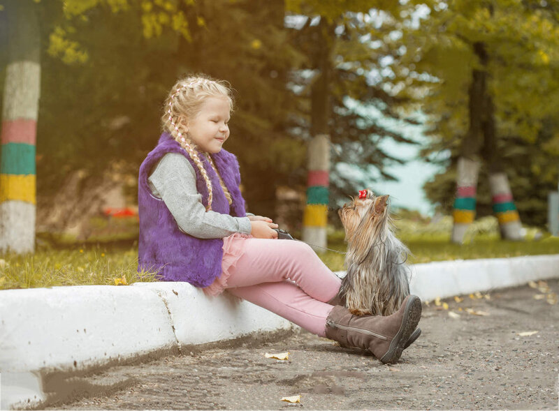 Girl with Dog on Curb