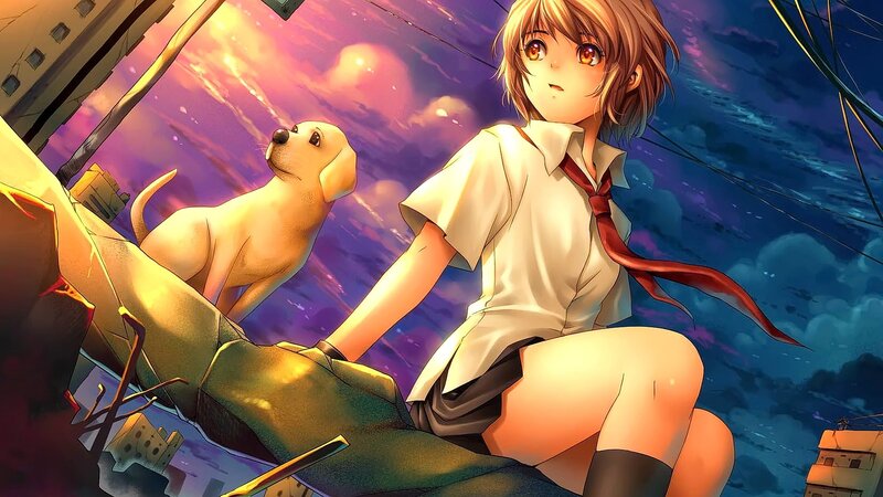 Girl with Dog on Debris — Purple