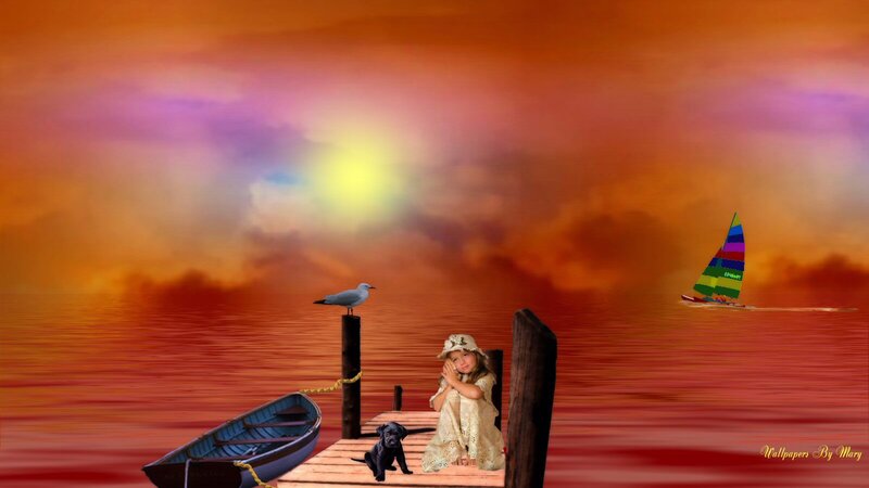 Girl with Dog on Dock