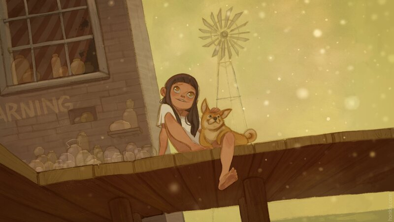 girl with dog on porch