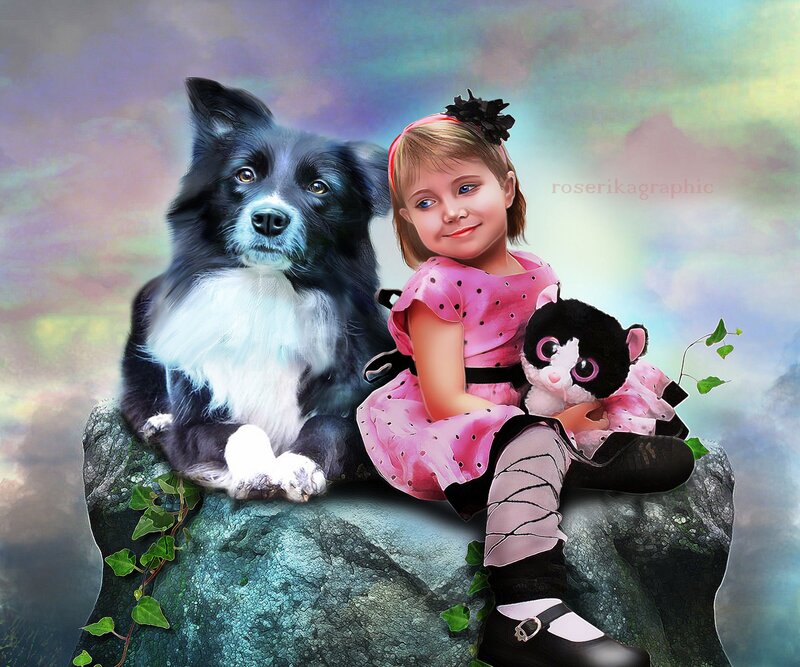 Girl with Dog on Rock