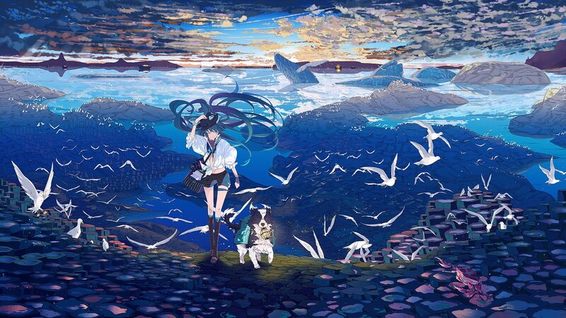 Girl with Dog on Rocks — Blue