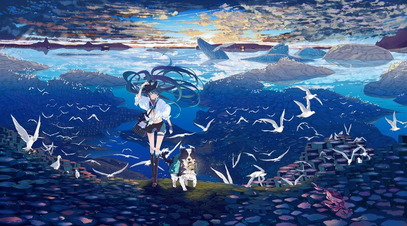 Girl with Dog on Rocks