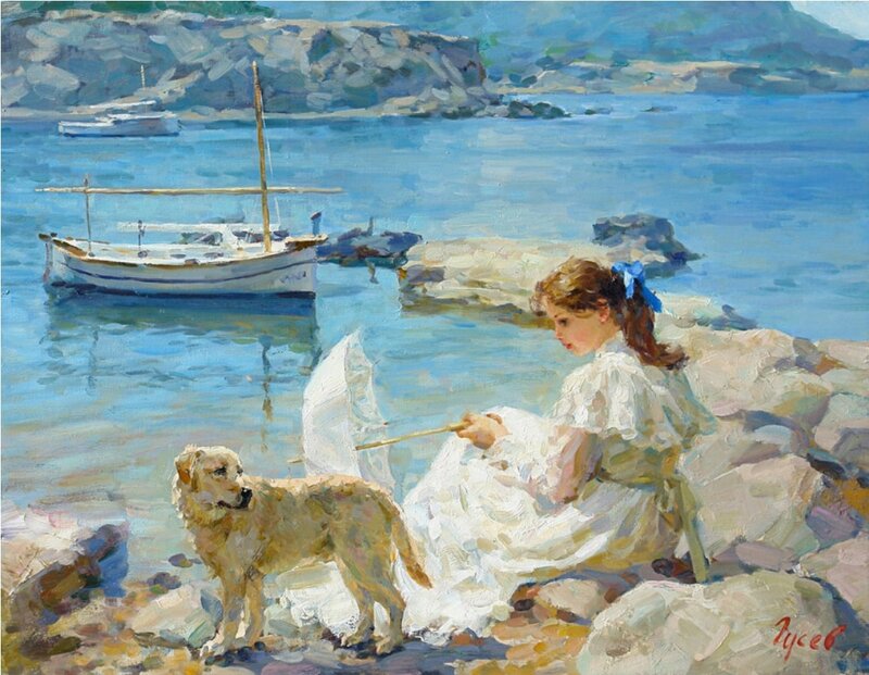 Girl with Dog on Shore