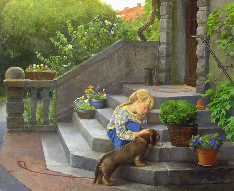 Girl with dog on stone steps