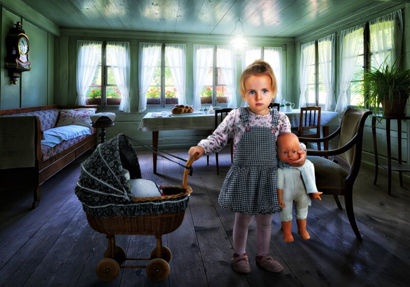 Girl with Doll and Stroller