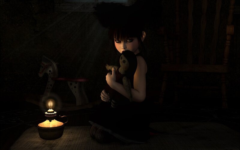 Girl with doll in dark room