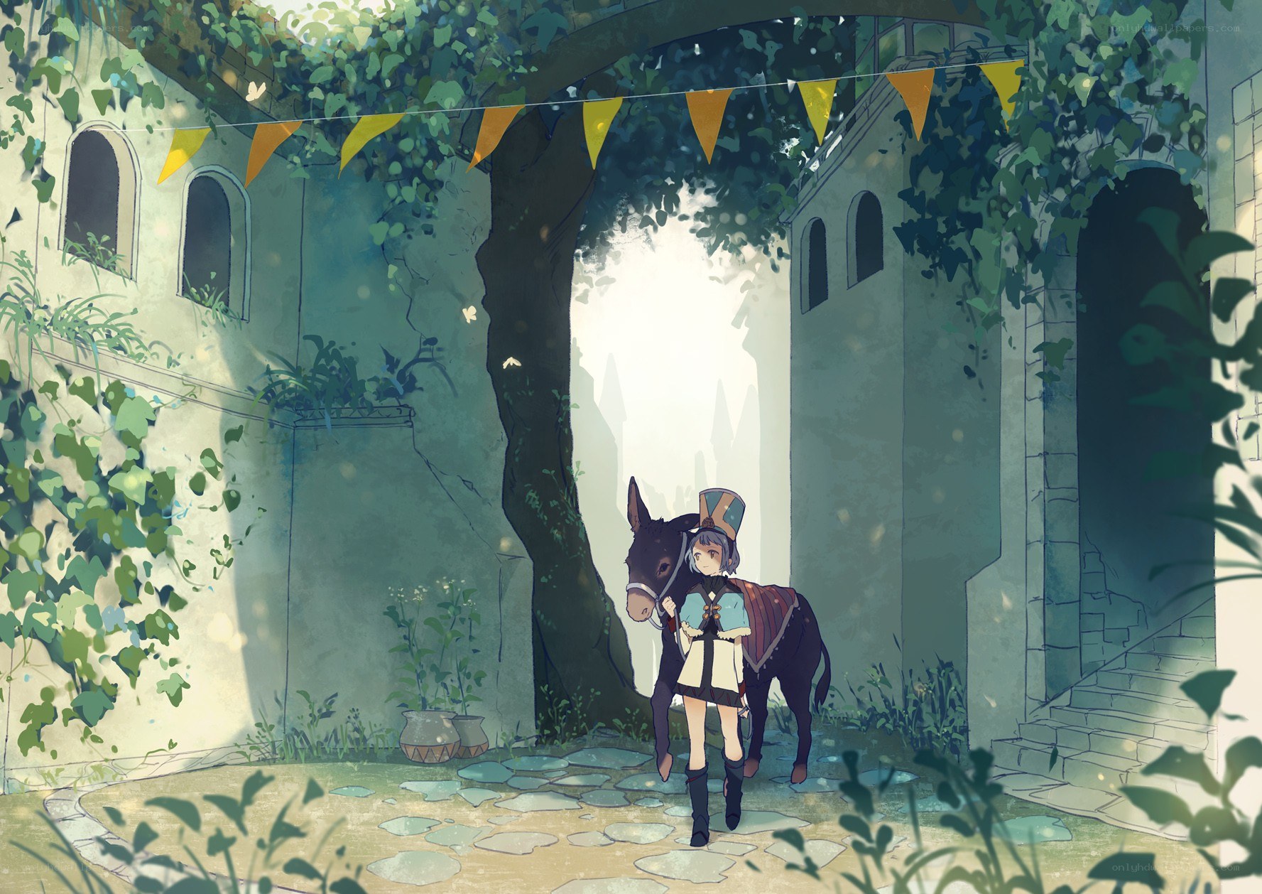 girl with donkey in courtyard
