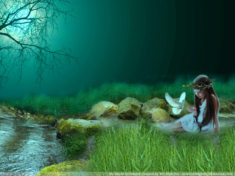 Girl with Dove in Forest