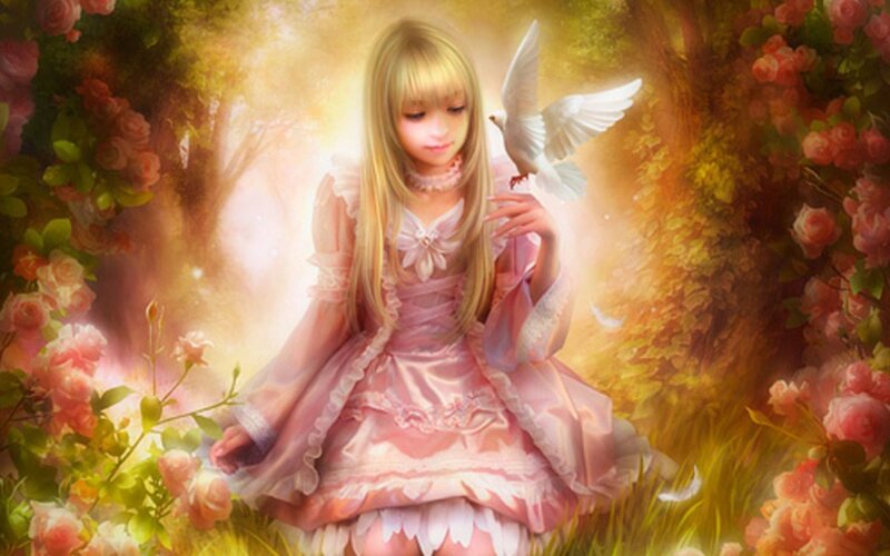 Girl with Dove in Garden