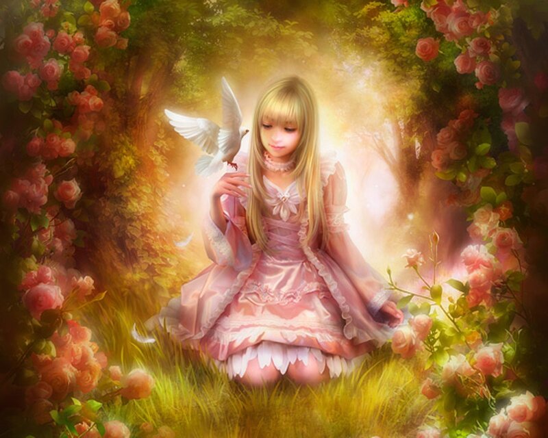 girl with dove in rose garden