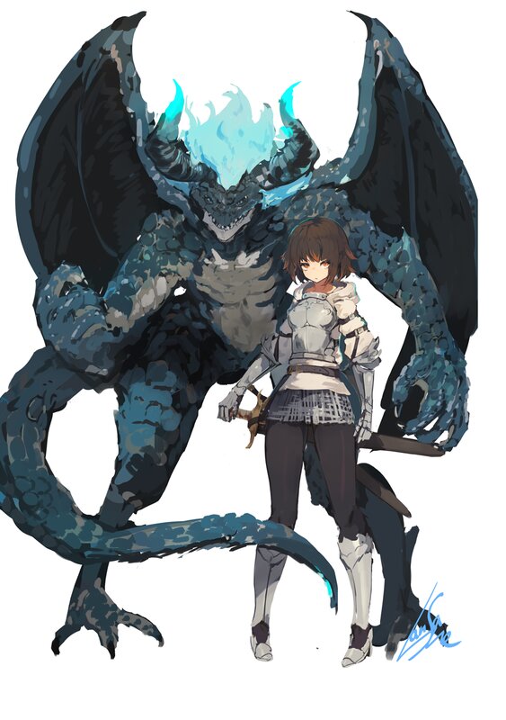 Girl with Dragon — Blue, Dramatic, Digital Art