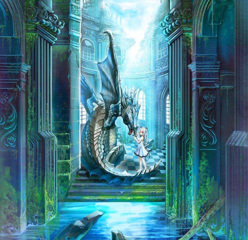 Girl with Dragon — Blue, Serene, Digital Art