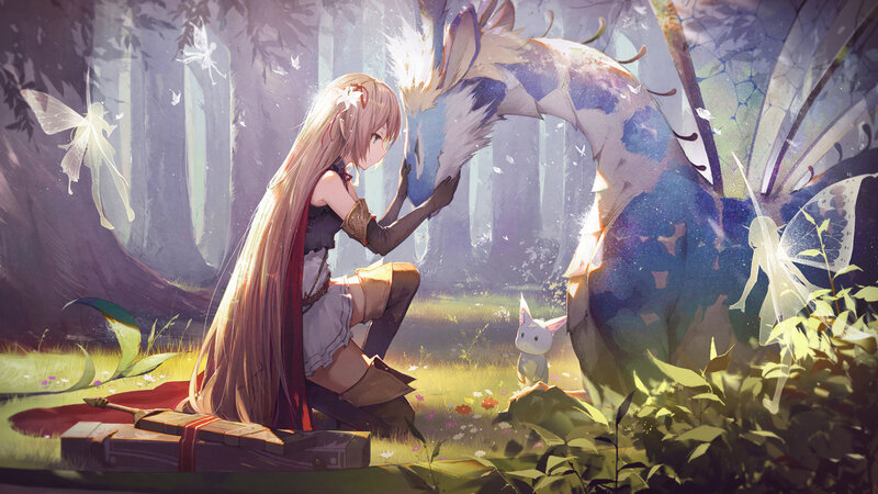 Girl with Dragon — Green, Serene, Afternoon, Digital Art