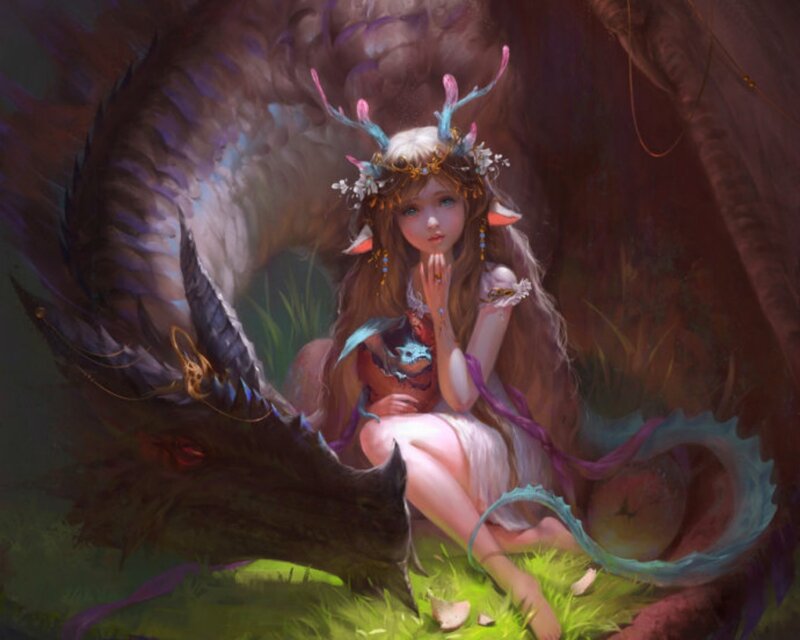 Girl with Dragon — Green, Serene