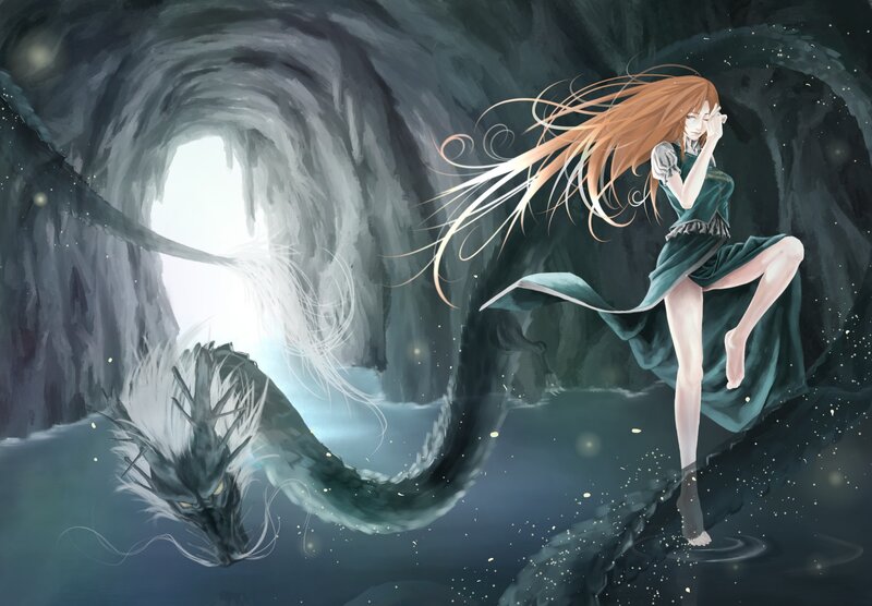 girl with dragon in cave