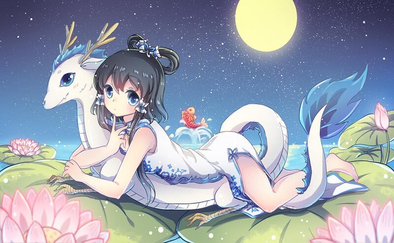 Girl with Dragon on Lotus