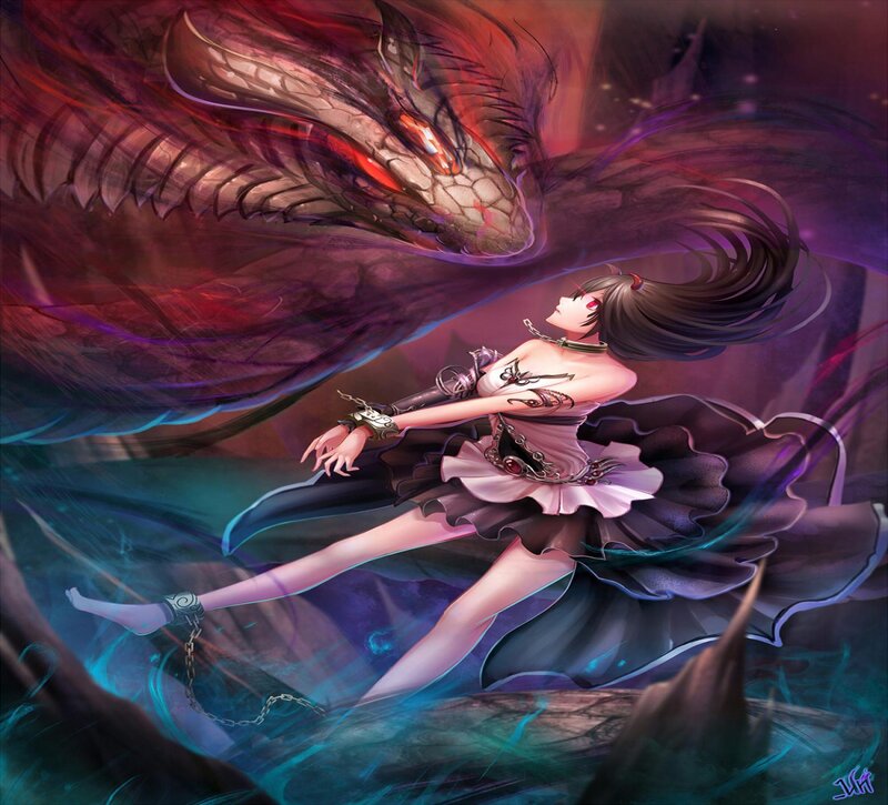 Girl with Dragon — Purple, Dramatic, Digital Art, Chains