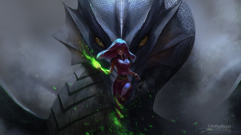 Girl with Dragon — Purple, Dramatic, Digital Art, Magic