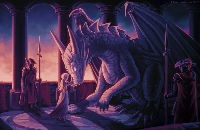 Girl with Dragon — Purple, Dramatic, Sunset