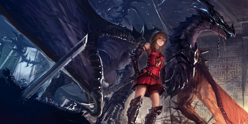 Girl with Dragon — Red, Dramatic, Night