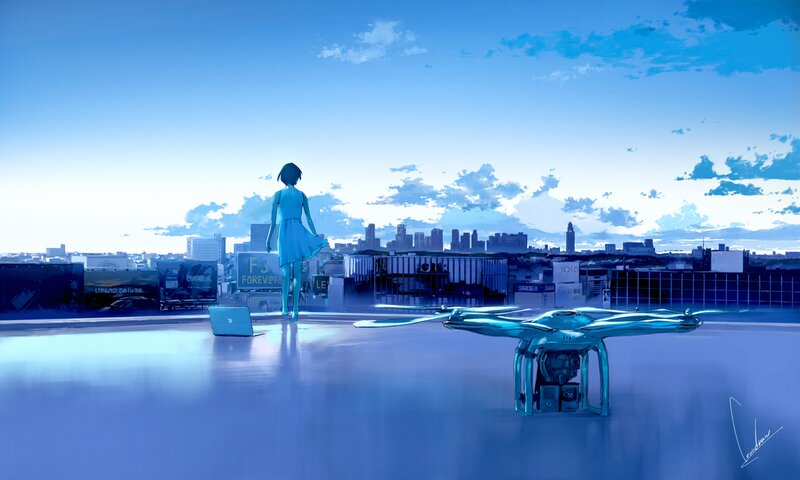 Girl with Drone on Rooftop
