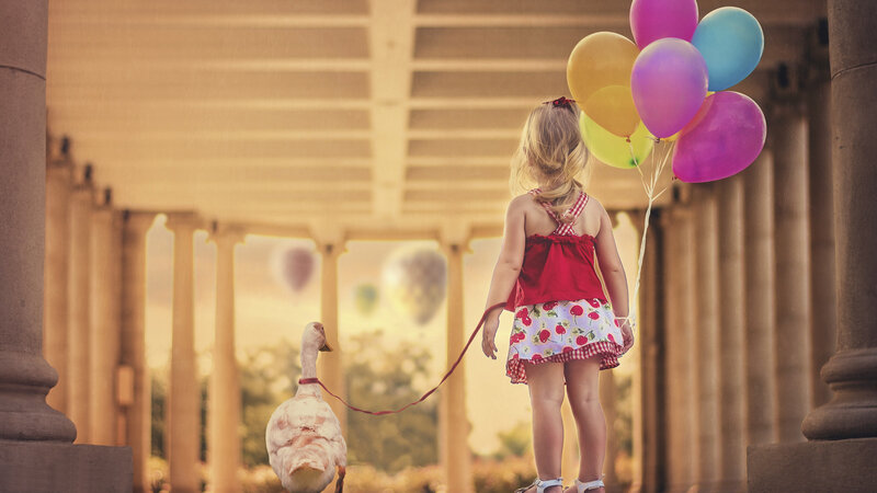 Girl with Duck and Balloons — Red, Serene