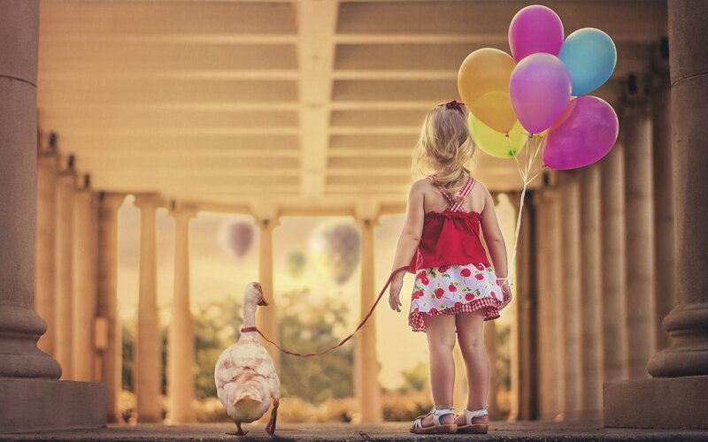 Girl with Duck and Balloons — Red