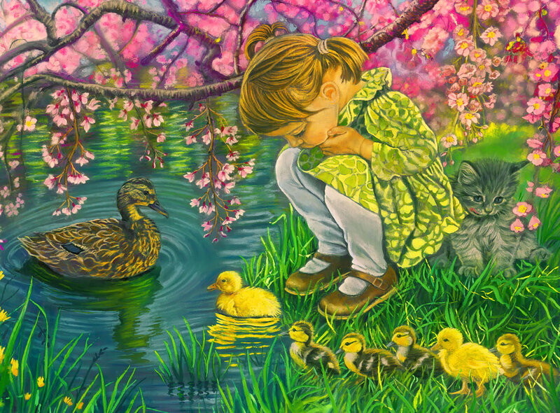 Girl with Ducklings — Green, Serene