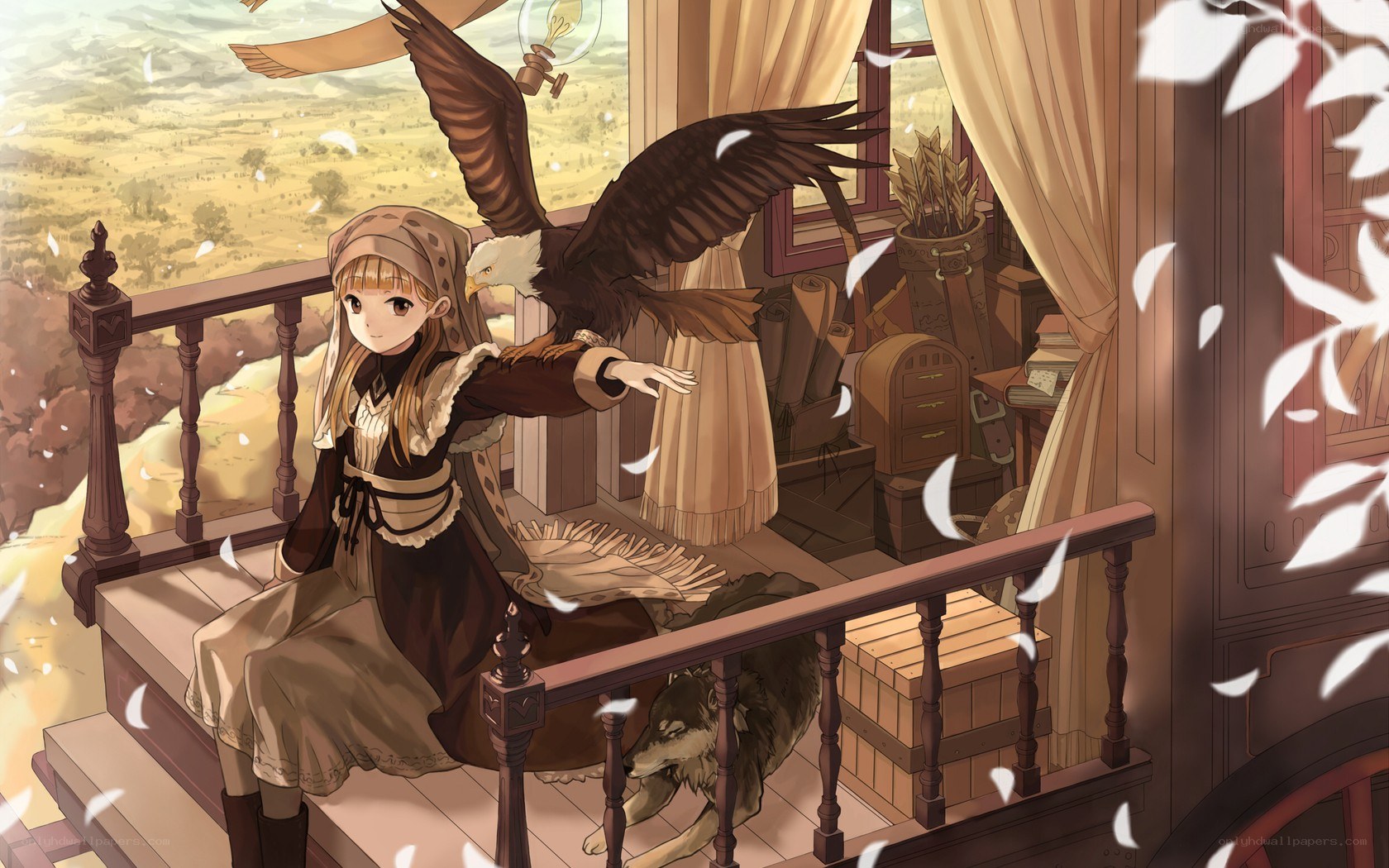 girl with eagle on balcony