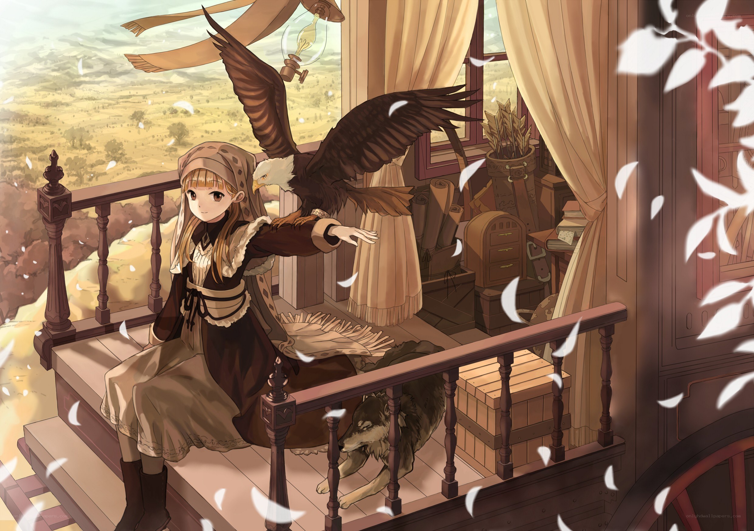 girl with eagle on balcony