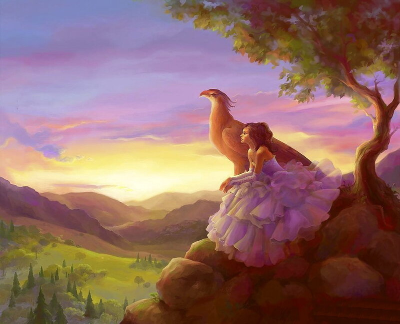 girl with eagle on cliff