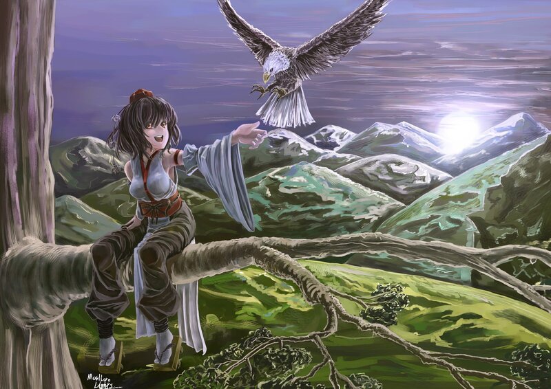 girl with eagle on mountain