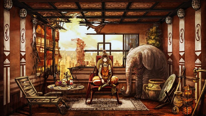 Girl with elephant in ruined room
