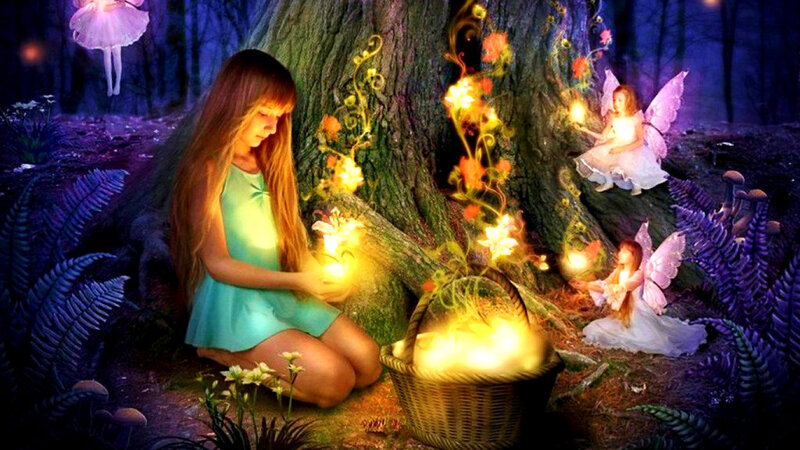 Girl with Fairies in Forest — Purple