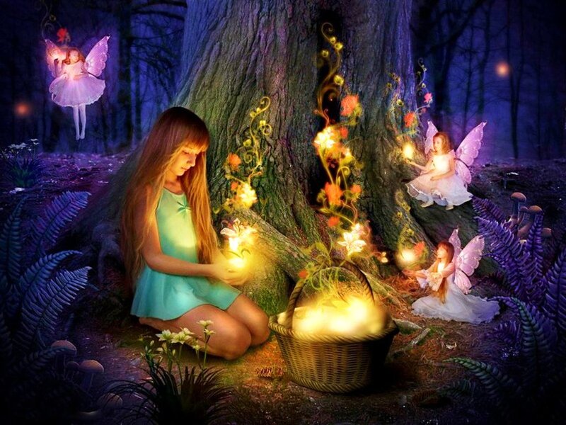 Girl with Fairies in Forest